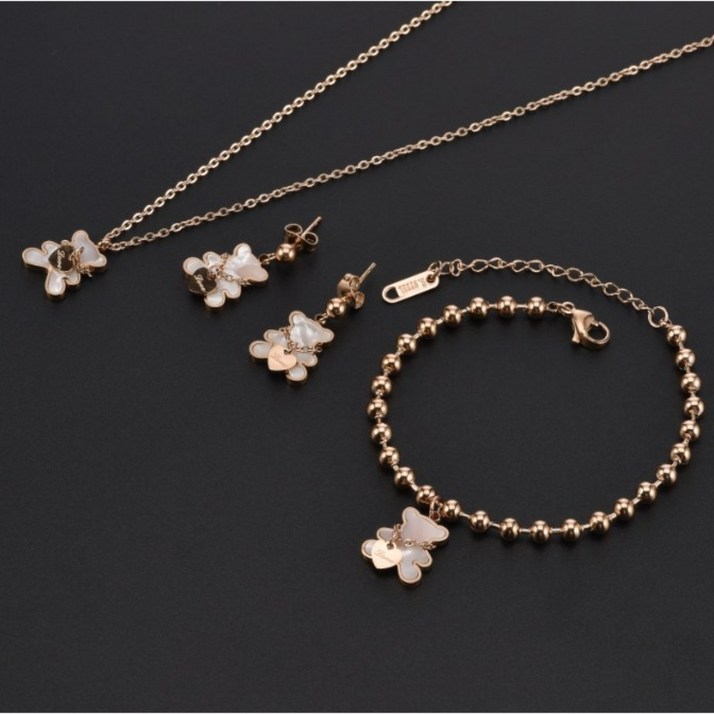 써지컬스틸 곰돌이 목걸이+팔찌+귀걸이 3종 세트 변색없는 주얼리 (개별보관팩3매증정)