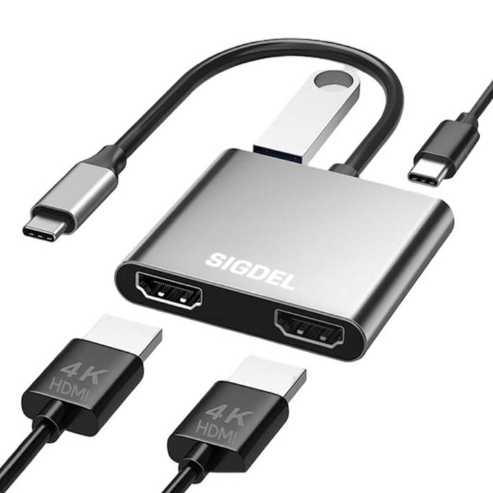 시그델 C타입 C TO HDMI 4in1 듀얼 모니터 2대 확장 3분할 연결 화면 분배기 4K 멀티 USB 3.0 PD90W 노트북 컴퓨터 젠더 허브 M-01