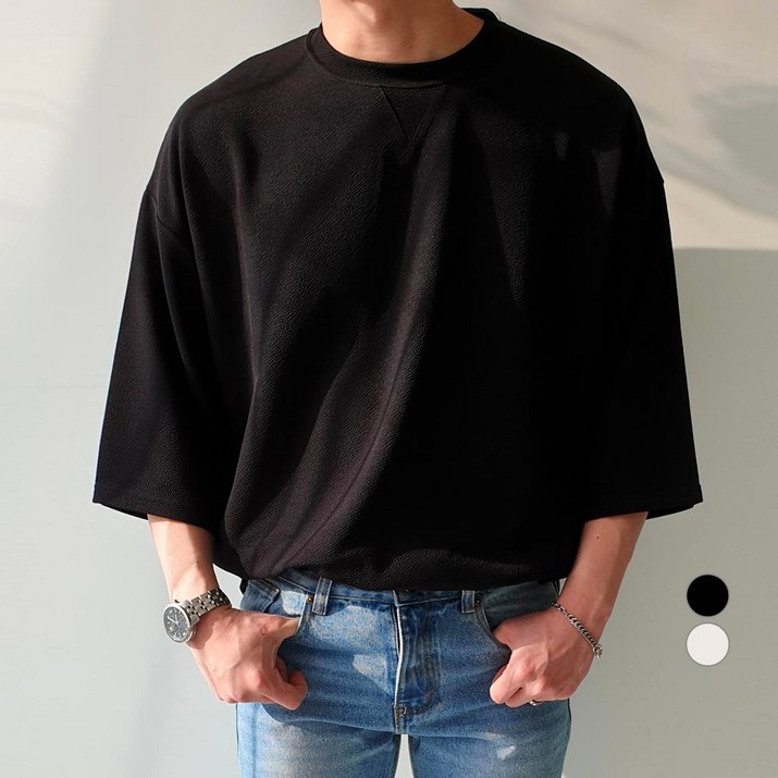 제이에이치스타일 남성용 루즈핏 엠보 트임 7부 티셔츠 JHROK136