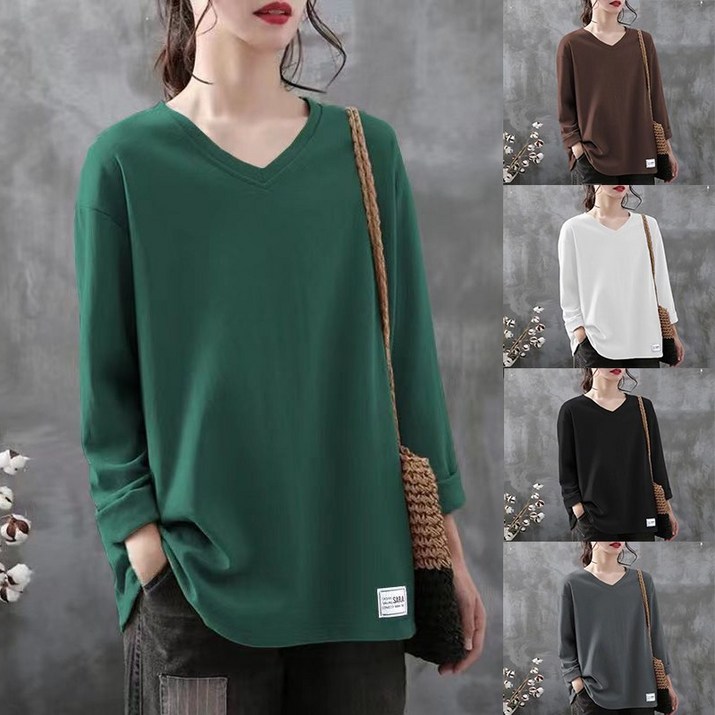 JUSTFEELING 중년여성 긴팔티셔츠 무지 브이넥 봄가을 박시티 엄마옷 레깅스 상의 맨투맨 심플 오버핏 티셔츠 M4XL