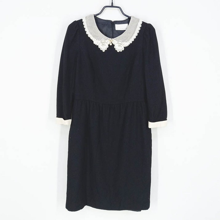 빈티지다온 레니본 7부소매 얇은모직 간절기 미니원피스 블랙82