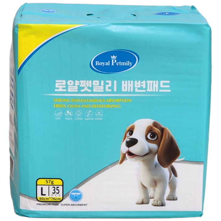 로얄펫밀리 배변패드 대형L 57g 4팩 140매 고흡수 천연펄프 애견 반려견 강아지배변패드, 4개, 35개입