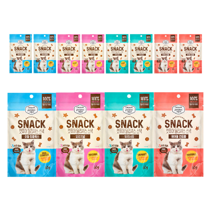 캣퓨어 고양이 딜리셔스 스낵 4종 세트, 오리지널 + 유리너리 + 오랄컴플렉스 + 헤어볼컨트롤, 3세트