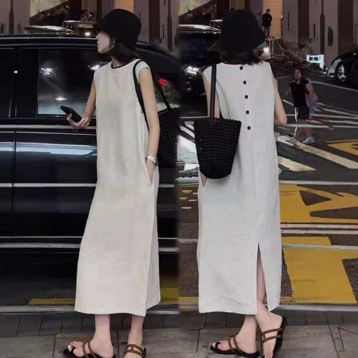 흰원피스 아사 롱롱 베이지 휴가지 아사면롱원피스