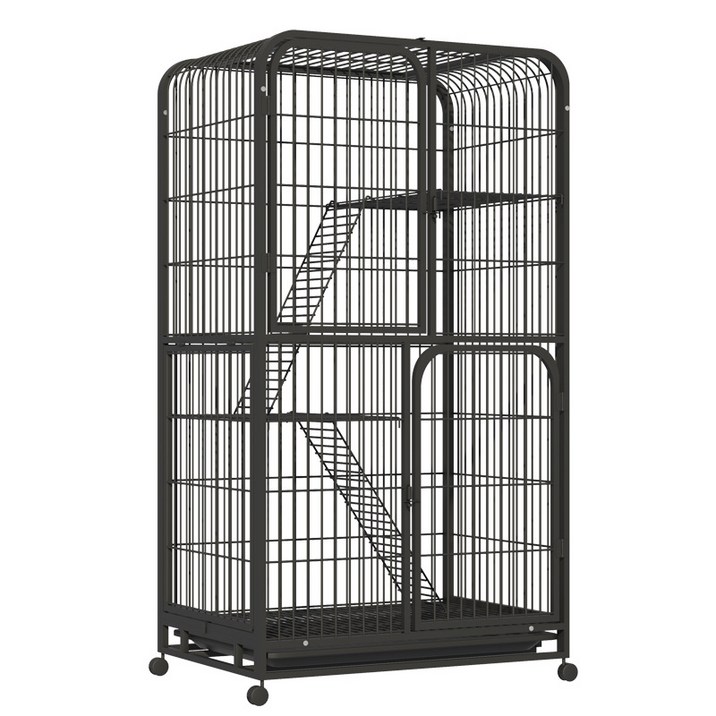 리빙가감법 반려동물 고품질 조립식 4단 고양이 케이지 튼튼한 메탈 간편이동 잠금 가능한 바퀴가 있는 탈출 방지 고양이 철장 이동식 고양이 대형 케이지, 1개, 블랙