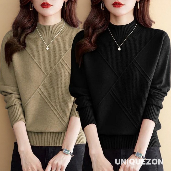 unique 중년여성의류 루즈핏 반폴라 긴팔 니트티 가을 겨울 스판 스웨터