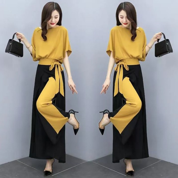 AOKADA 여성 투피스 정장 세트 반팔 셔츠 와이드 팬츠 셋업 여름 슈트