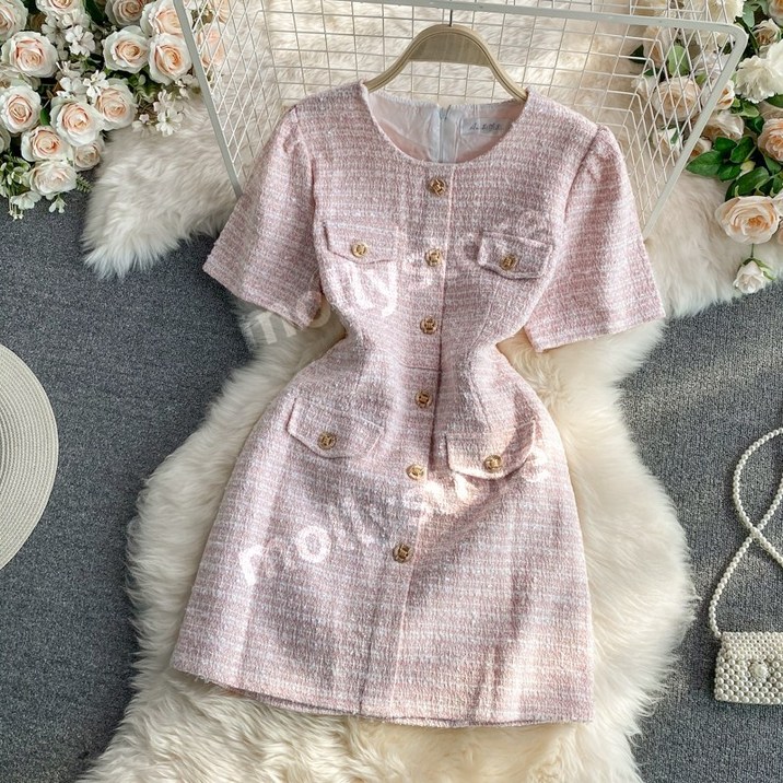 라운드넥 버튼 트위드 반팔 슬림 미니 원피스 여름 하객룩 오피스룩