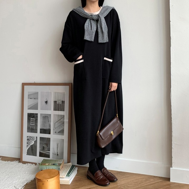 더한땀 빅사이즈 라운드 배색 포켓 롱 원피스