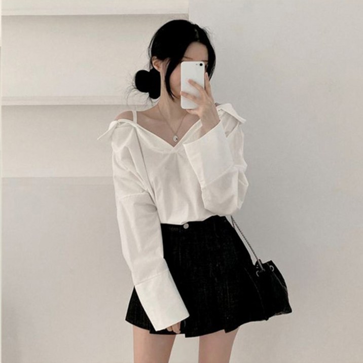 라라홀리 여리핏 오프숄더 어깨끈 긴팔 셔츠