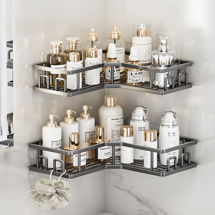 유앤아이 코너형 욕실선반 무타공 정리대, 2개 세트, 블랙