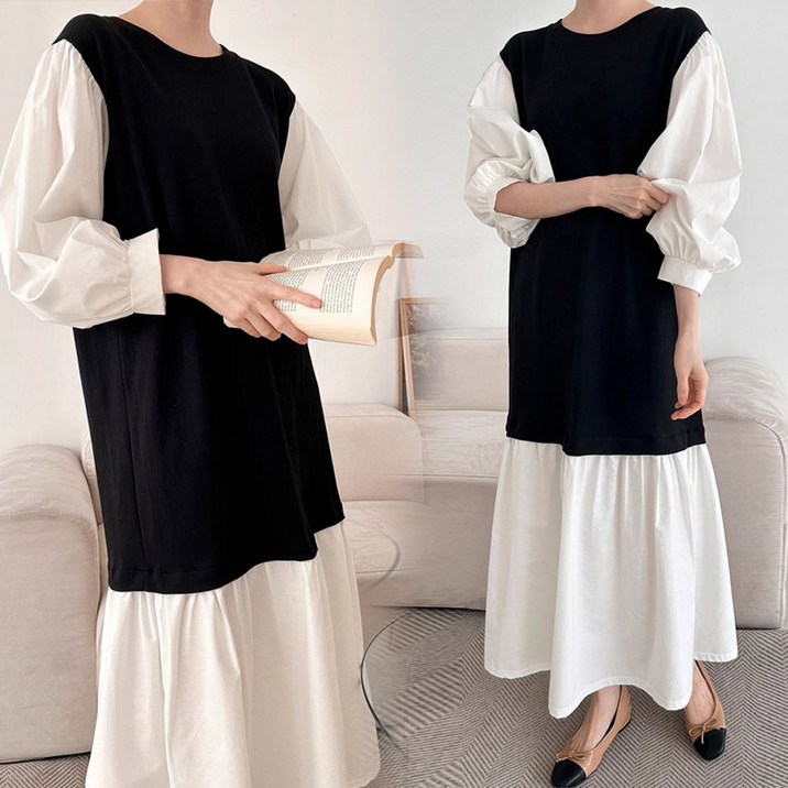 퍼프 배색 직기 블라우스 빅사이즈 롱원피스 R064