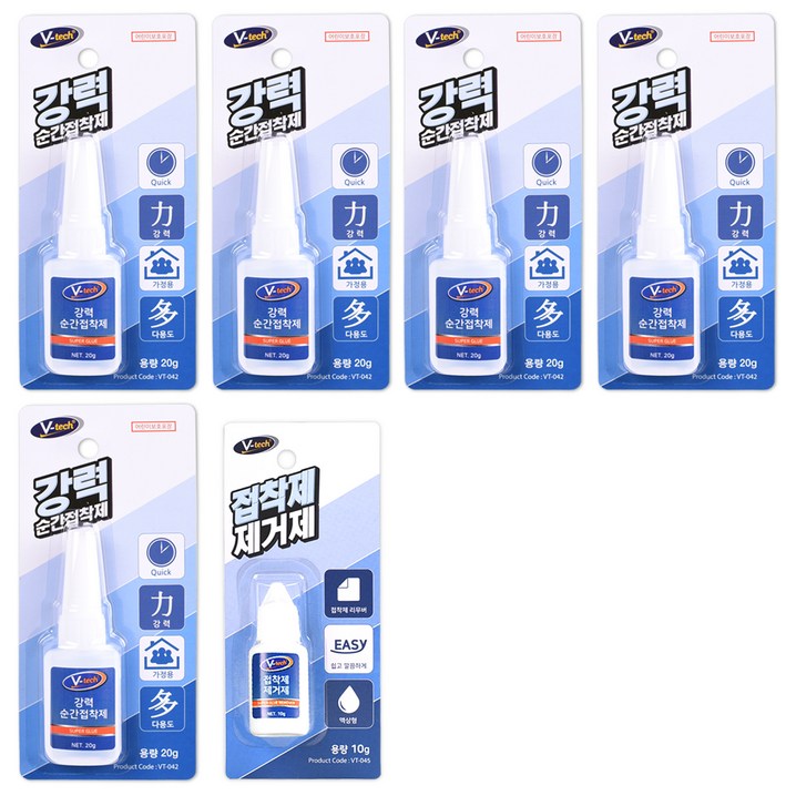Vtech 강력순간 접착제 20g x 5p 접착제 제거제 10g 세트, 1개 Vtech 강력순간 접착제 20g x 5p 접착제 제거제 10g 세트, 1개