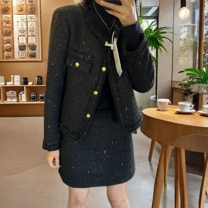 여성 트위드 투피스 세트 고급스러운 블랙 클래식 자켓과 스커트 가을 겨울