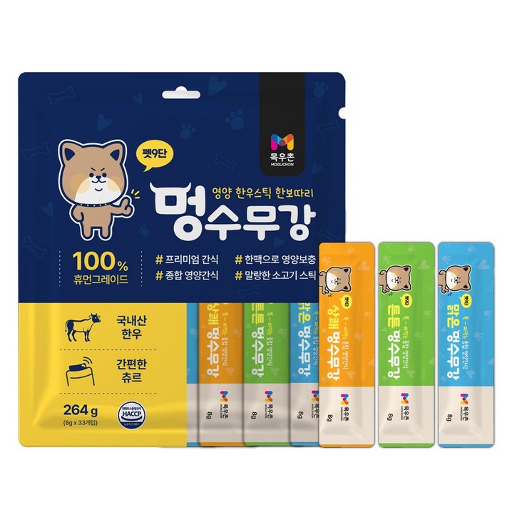 목우촌 펫9단 멍수무강 강아지 짜먹는 양갱 한우 츄르 영양 간식 눈 11p  관절 11p  기관지 11p , 33p, 1개, 264g, 소고기