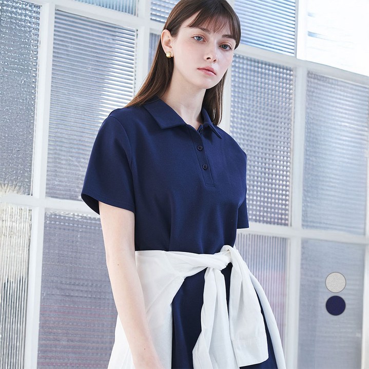 ELLE PARIS 여성용 버튼 카라 미디 피케 원피스