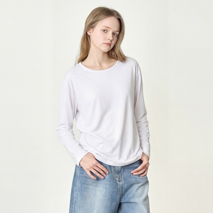 베이직하우스 여성용 찰랑 스판 유넥 오버핏 긴팔 티셔츠