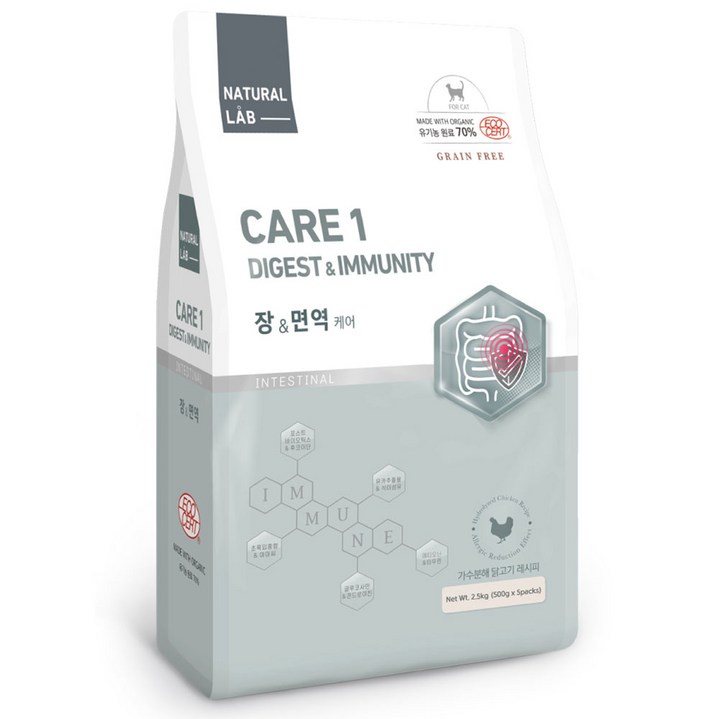네츄럴랩 케어1 유기농 70% 고양이 기능성사료, 소화기능 개선, 2.5kg, 1개