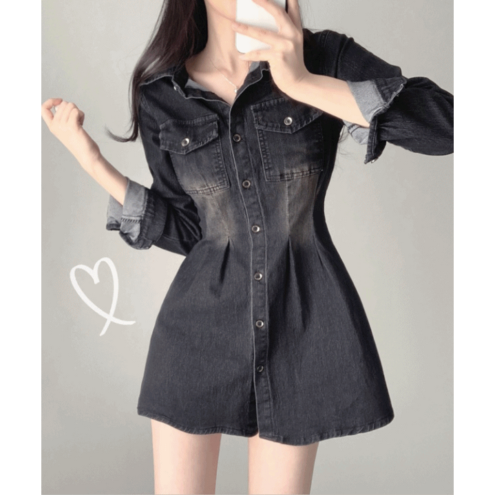 자스민벨 벨라 투핀턱 포켓 데님 카라 셔츠 미니 원피스 청치마 원피스
