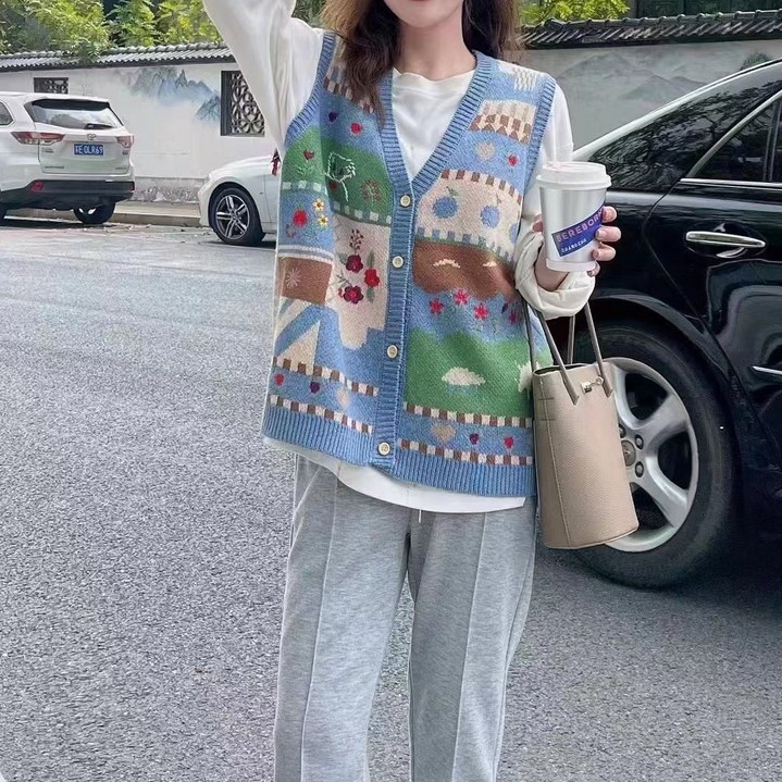 퀸앤조이 나비코 빈티지 그래픽 패턴 니트 조끼 베스트