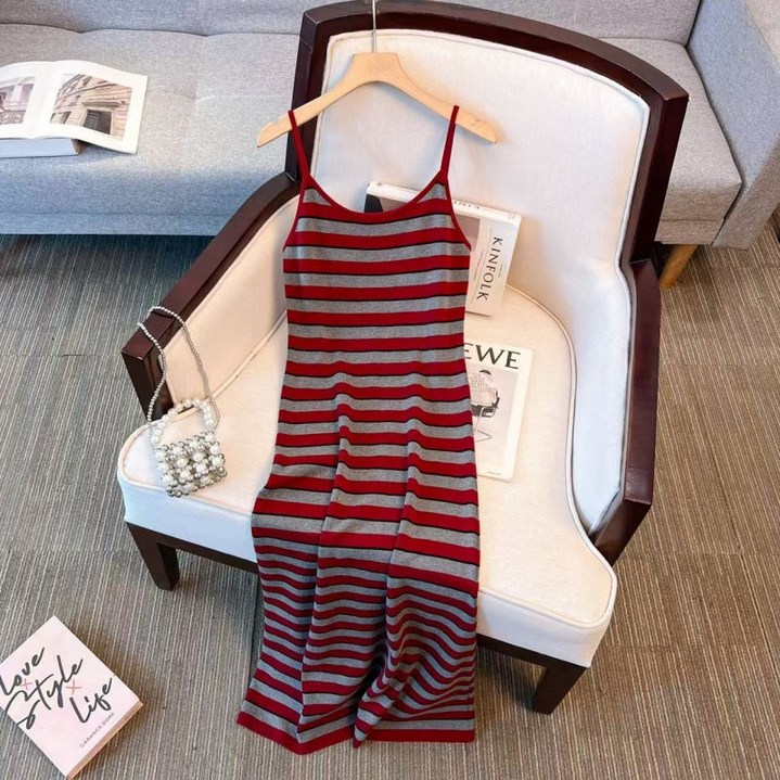 해피유통 여성  여름 스트라이프 니트 슬림핏 뷔스티에 원피스 CLY