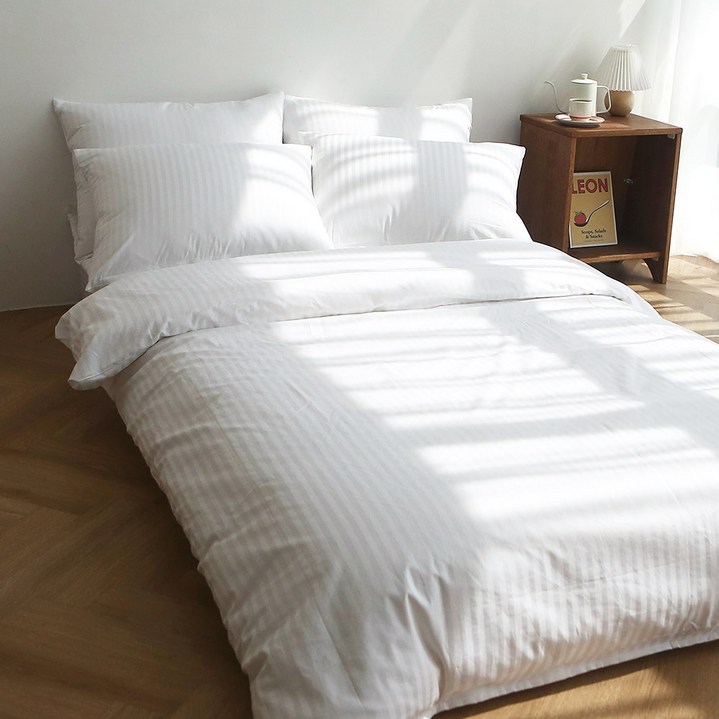 이브수 호텔 고밀도 순면 60수 스트라이프 이불커버 침구 SS Q K, 화이트