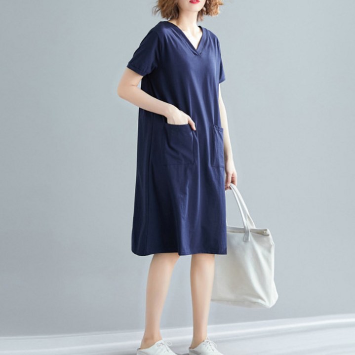 더블 포켓 브이넥 베이직 원피스 여성 빅사이즈 여름시즌 편안한 데일리룩 아이템