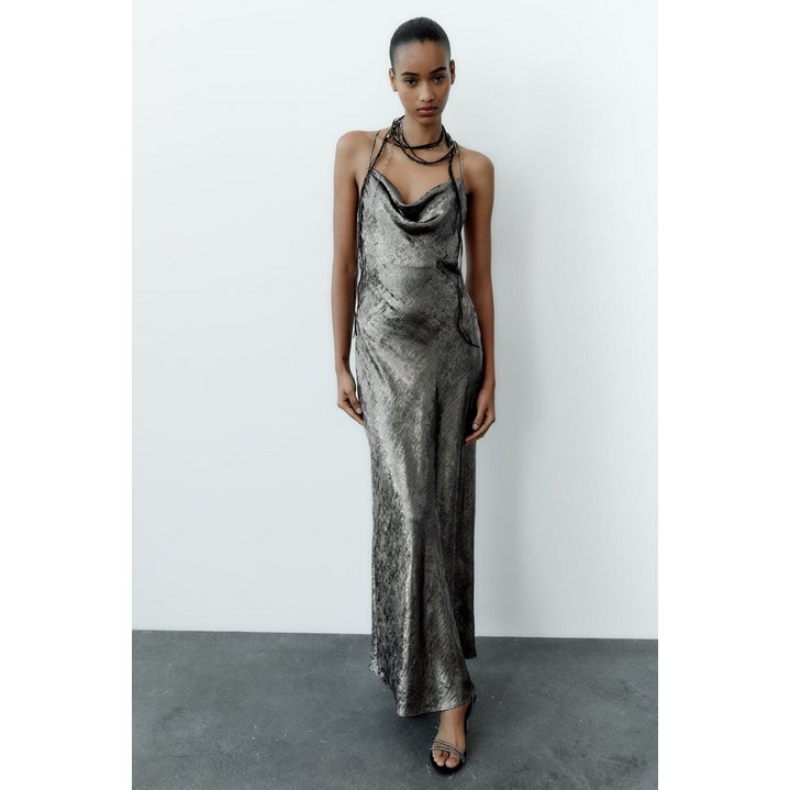 ZARA 자라 새틴 카미솔 원피스 - 실버 롱원피스 정장원피스 8496/361
