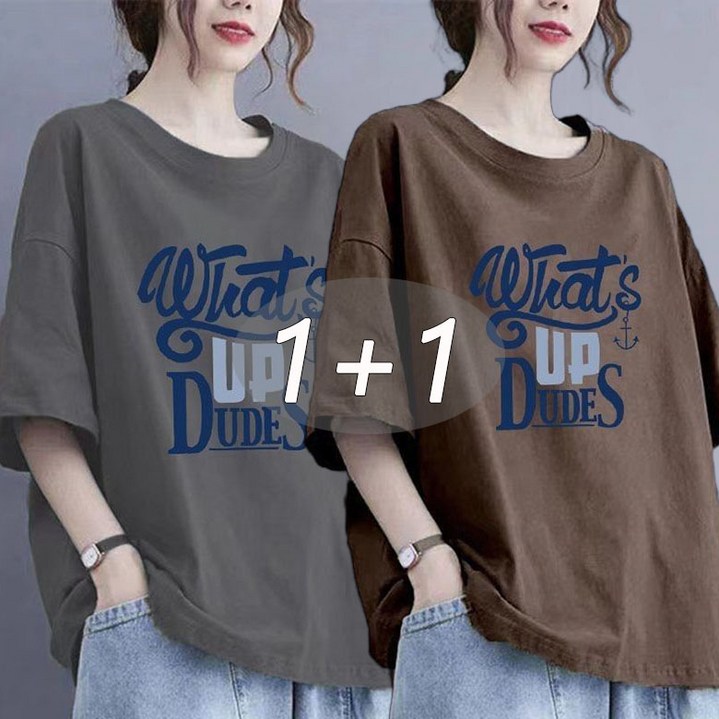 1+1 100% 순면 하프 라운드 루즈핏 풀오버 반팔 맨투맨 여성 여름 레터링 패션 빅사이즈 청순한 상의