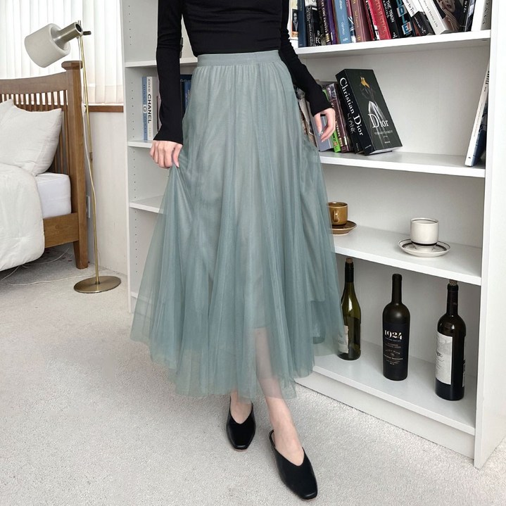 디어로라 플레어 밴딩 쉬폰 롱 스커트 RVSK004