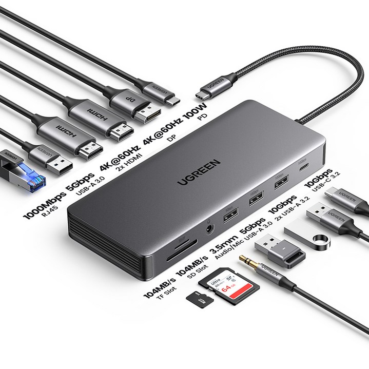 UGREEN 유그린 13in1 USB C타입 멀티 허브 4K 60Hz 트리플 디스플레이 2xHDMI 1xDP 도킹 스테이션 USB3.2 10Gbps USB허브 HDMI 어댑터