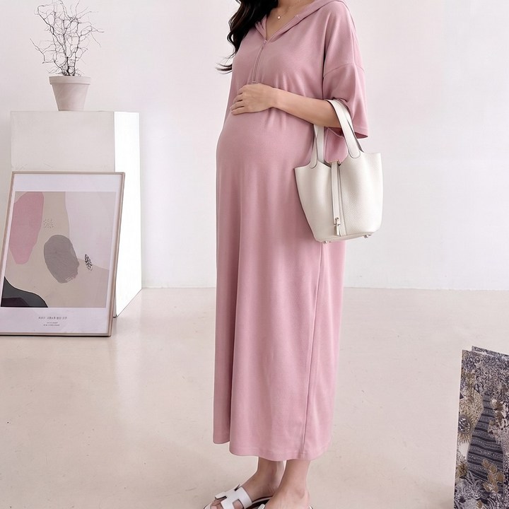 [당일출고] 수엠W 임산부 반집업 후드 롱 원피스 루즈핏 빅사이즈 T12 소프데일리후드원피스