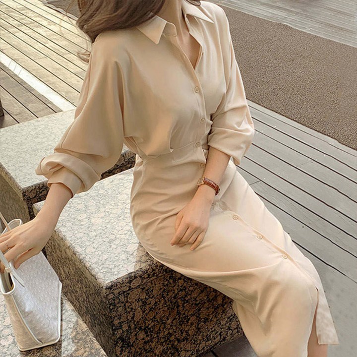 라라홀리 로맨틱 청순 쉬폰 카라 허리끈 롱 셔츠 원피스