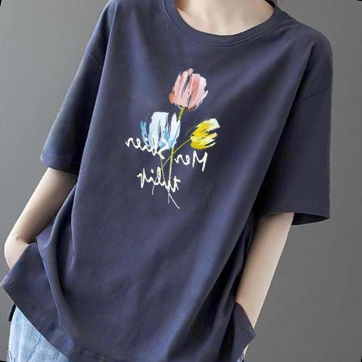 루즈핏 플라워 레터링 반팔티 데일리 빅사이즈 심플한