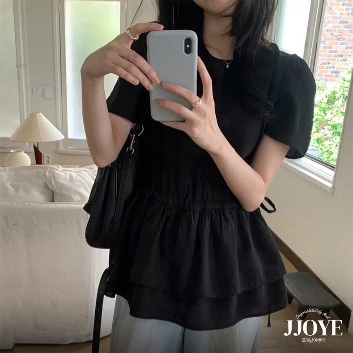 쪼예 청순 여리 체형커버 라운드넥 캉캉 프릴 셔링 퍼프 반팔 블라우스