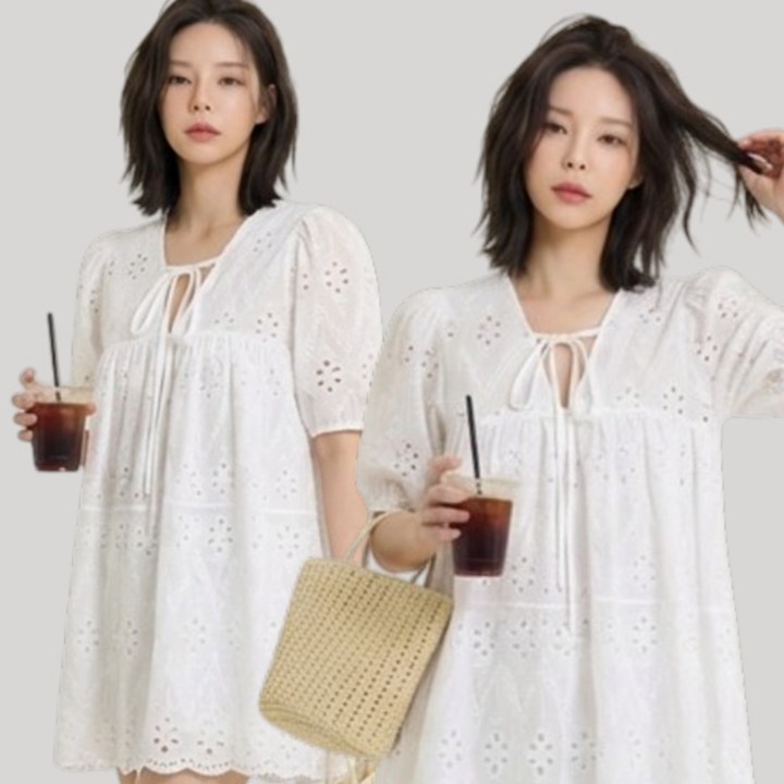 오브나인 홀로우 아웃 펀칭 레이스 반팔 미니 원피스 (1color)+델로나