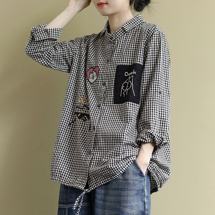 40대여성의류 100141C 여성 체크무늬 루즈핏 셔츠남방