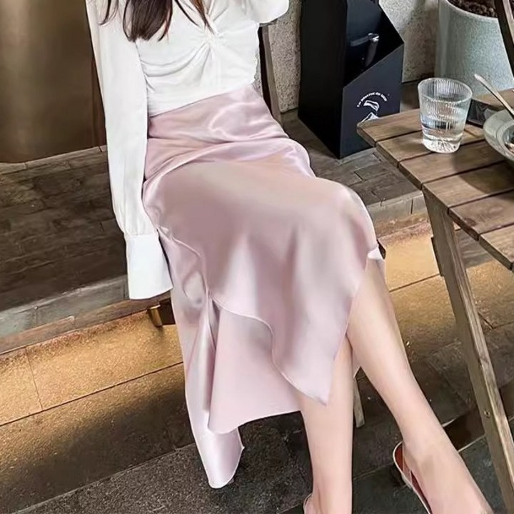 여성 새틴 실크 머메이드 롱 스커트