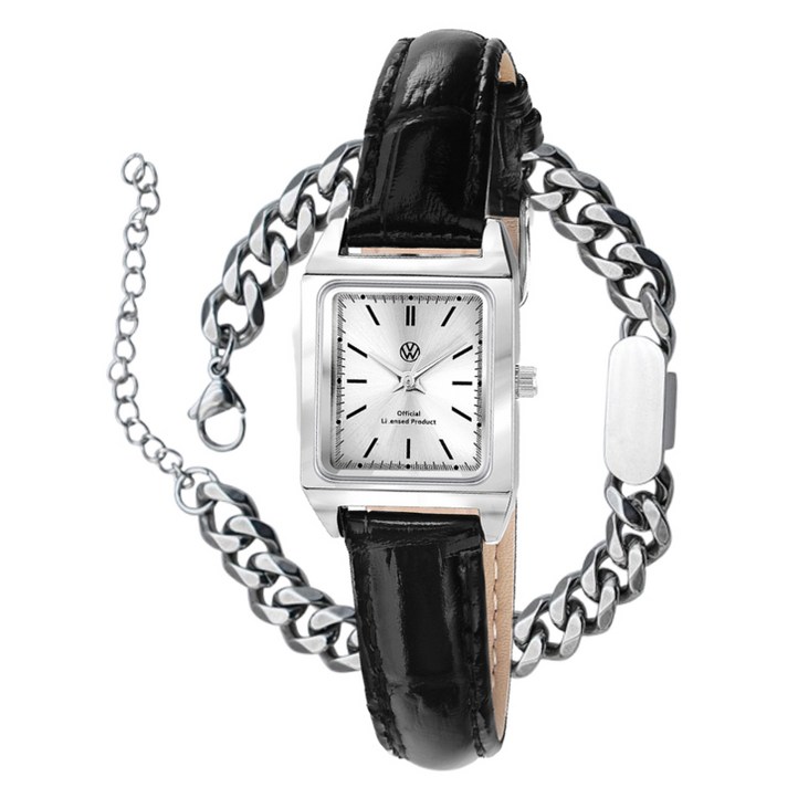 폭스바겐 여성용 레트로 스퀘어 시그널 가죽 손목시계  티타늄 팔찌 세트