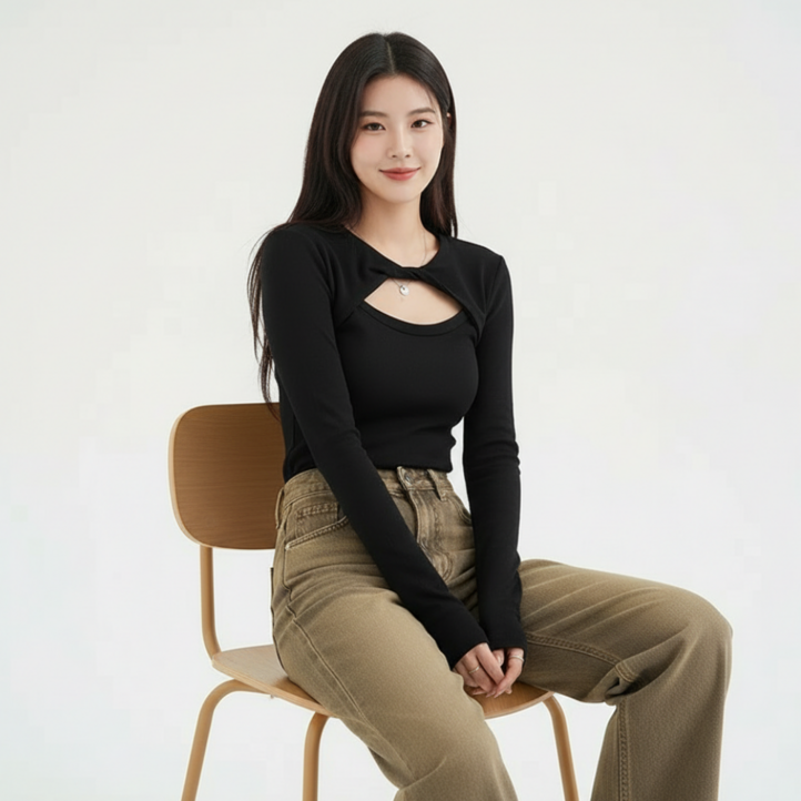 구디프 여성용 트임 긴팔 슬림핏 컷아웃 이너 데일리 티셔츠