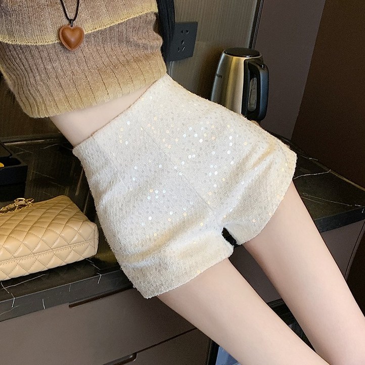 Makone  하이 웨이스트 스팽글 지퍼 체인 반바지