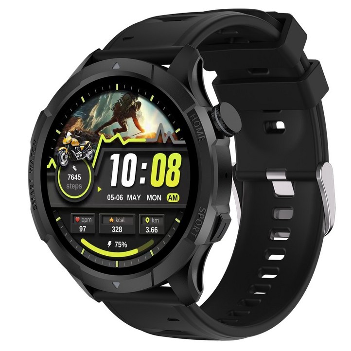 Wapik 블루투스 통화 스마트워치 ST10 1.43인치 아몰레드 고화질 SOS통화 AI운동인식, GPS + 블루투스, 3.6cm, 블랙