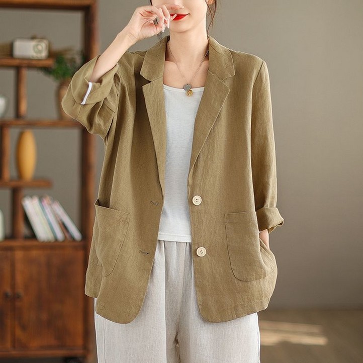 씨유언니 여성 린넨 블레이저 루즈핏 데일리 면 마 세미 정장 자켓  코트 오피스룩 봄 여름 재킷