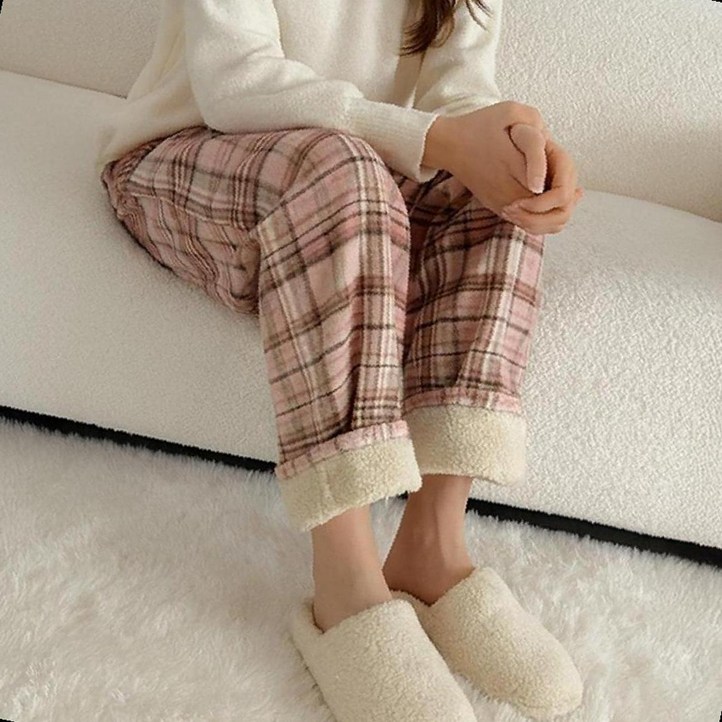 여성 뽀글이 기모 츄리닝 허리밴딩 바지 체크 일자핏 두툼한 통넓은