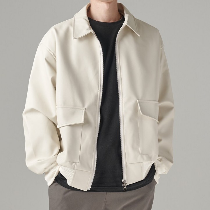 남성 오버핏 비건 레더 투웨이 블루종 집업 자켓 점퍼 봄 가을 페이크레더