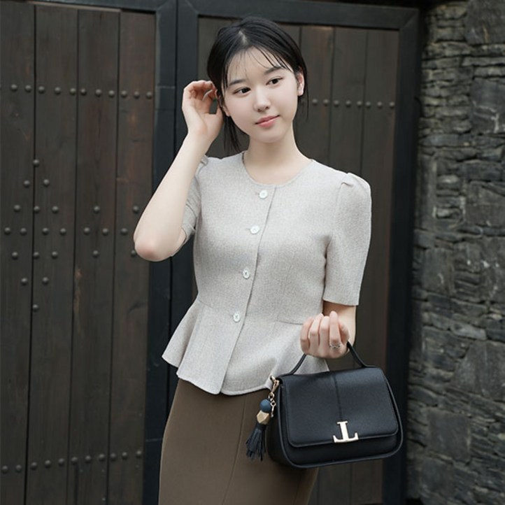 비비디아 봄 여름 신상 여성 반팔 자켓 슬림핏 허리라인 라운드넥 상의 오피스룩 하객룩5475