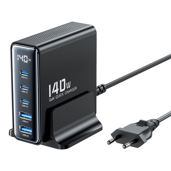 Toocki 투키 GaN 140w LED 디스플레이 3C2A 5포트 C타입 PD3.0 PPS 초고속 멀티충전기, 1개, 블랙