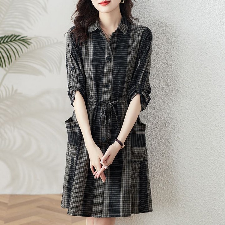 ORZQU 봄가을 면 체크 셔츠 원피스 빅사이즈 여성 하프 칠부 스트링 트렌치코트