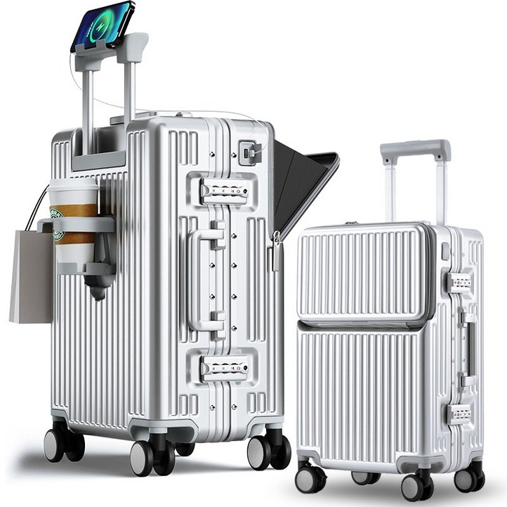 3년AS REGESY 캐리어 알루미늄프레임 경량화 저소음 360도 회전 브레이크 휠 USB 충전포트 컵홀더 핸드폰 거치대 중대형 여행용 기내용 캐리어