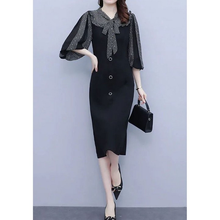 가을 여성 블랙 빅사이즈 쉬폰 원피스 블랙 플라워 얇은 긴팔 원피스